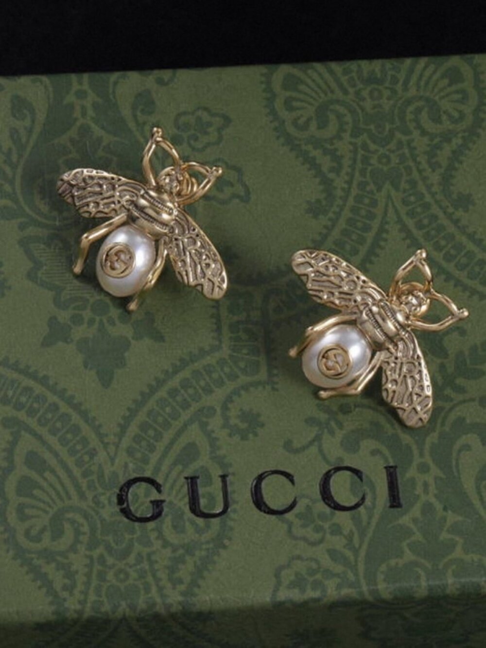 Gucci Gold Tone Bee Pearl Earrings